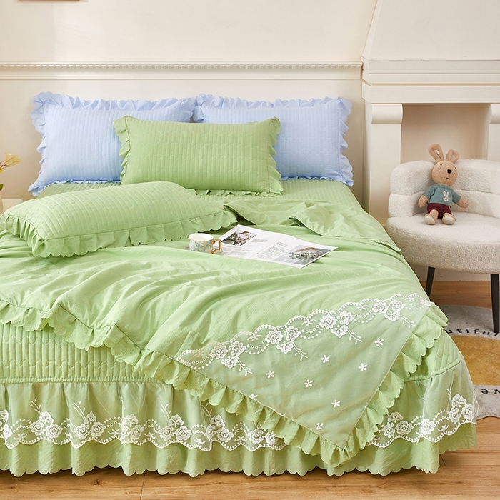 91家纺网 家纺一手货源 找家纺 绣女坊 2024新款泡泡棉床盖四件套 优雅绿