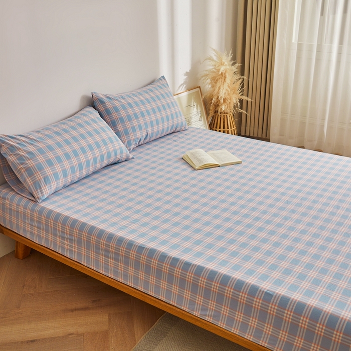 91家纺网 家纺一手货源 找家纺 雅萱家纺 2024新款A类色织全棉水洗棉单床笠 床笠-日和-粉蓝