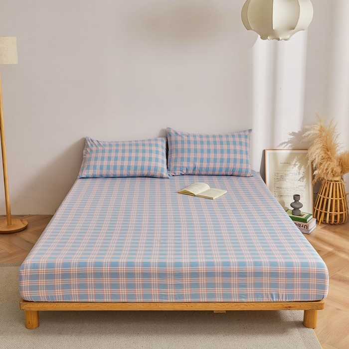 91家纺网 家纺一手货源 找家纺 雅萱家纺 2024新款A类色织全棉水洗棉单床笠 床笠-日和-粉蓝