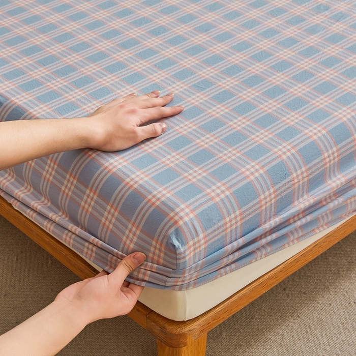 91家纺网 家纺一手货源 找家纺 雅萱家纺 2024新款A类色织全棉水洗棉单床笠 床笠-日和-粉蓝