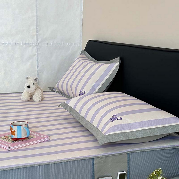 91家纺网 家纺一手货源 找家纺 昔可家纺 2024新款A类900D数码印花刺绣床笠款冰丝席 波点紫猫