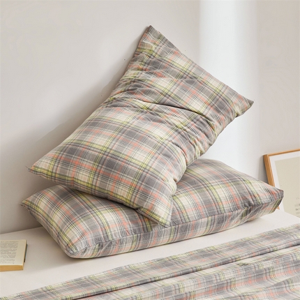 雅萱家纺 2024新款A类色织全棉水洗棉单枕套 日和-绿棕格