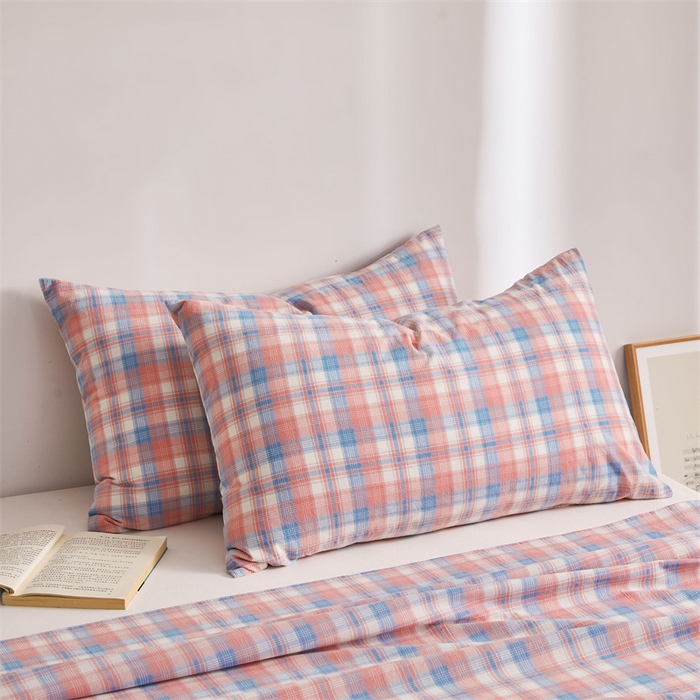 91家纺网 家纺一手货源 找家纺 雅萱家纺 2024新款A类色织全棉水洗棉单枕套 未央-玫红