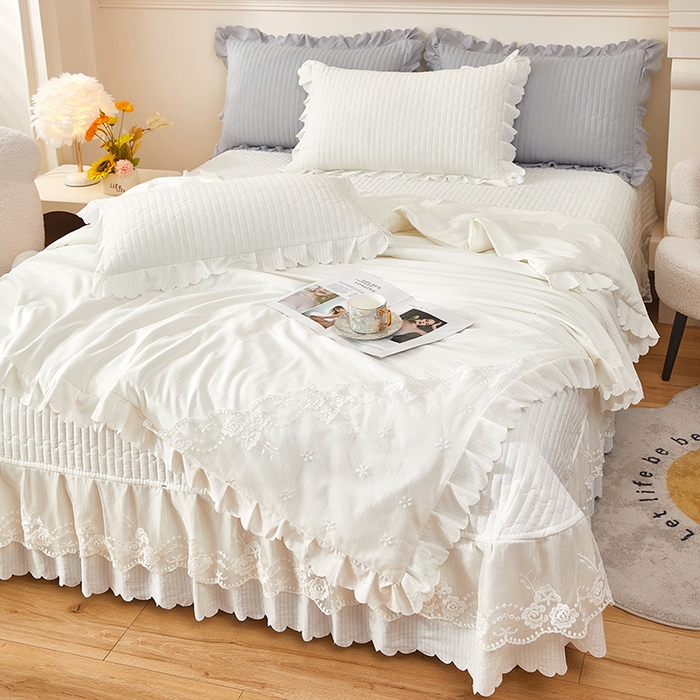 91家纺网 家纺一手货源 找家纺 绣女坊 2024新款泡泡棉床盖四件套 皓月白