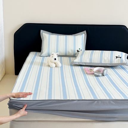 昔可家纺 2024新款A类900D数码印花刺绣床笠款冰丝席 条纹黑猫