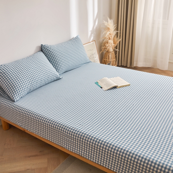 91家纺网 家纺一手货源 找家纺 雅萱家纺 2024新款A类色织全棉水洗棉单床笠 床笠-小格-蓝