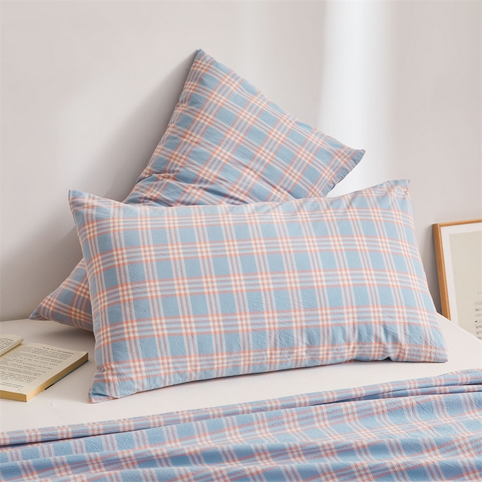 91家纺网 家纺一手货源 找家纺 雅萱家纺 2024新款A类色织全棉水洗棉单枕套 日和-粉蓝