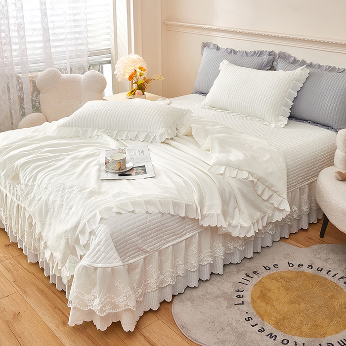 91家纺网 家纺一手货源 找家纺 绣女坊 2024新款泡泡棉床盖四件套 皓月白