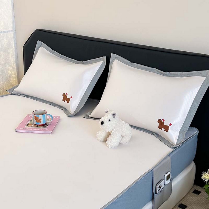 91家纺网 家纺一手货源 找家纺 昔可家纺 2024新款A类900D纯色绣花床笠款冰丝席 幸运狗狗