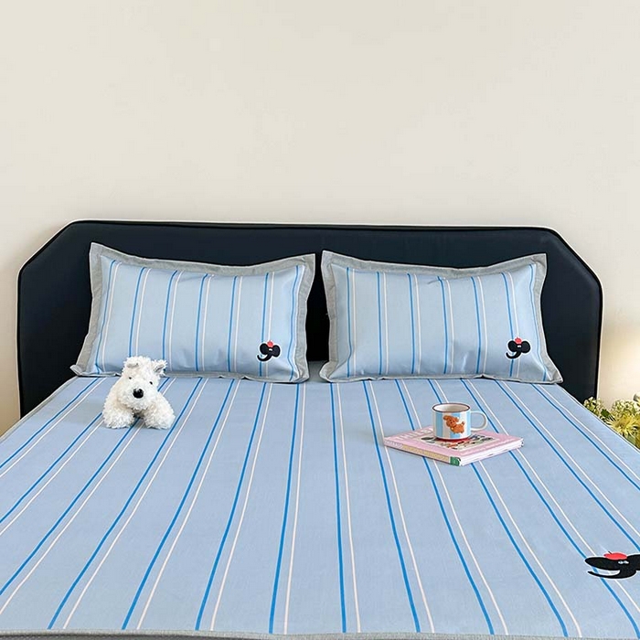 91家纺网 家纺一手货源 找家纺 昔可家纺 2024新款A类900D数码印花刺绣床笠款冰丝席 蓝条小象