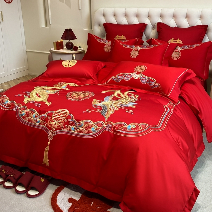 91家纺网 家纺一手货源 找家纺 欧乐蒂 2025新款亲肤棉婚庆刺绣四件套-终版 龙凤瑞彩