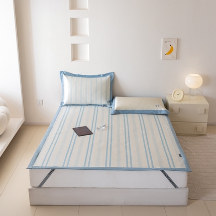 本希家居 2024新款小清新刺绣系列高端可水洗冰丝席 蓝条小汽车平席