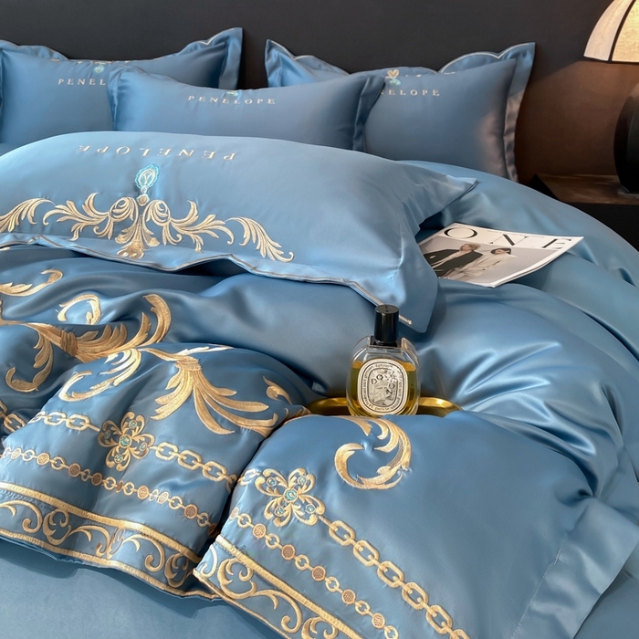 91家纺网 家纺一手货源 找家纺 欧乐蒂 2025新款欧式水洗贡缎全棉刺绣四件套-欧雅终版 宾利蓝
