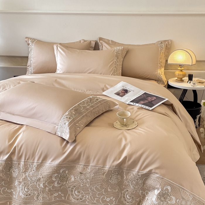 91家纺网 家纺一手货源 找家纺 欧乐蒂 2025新款高支密长绒棉刺绣四件套-繁花-终版 繁花-香槟金