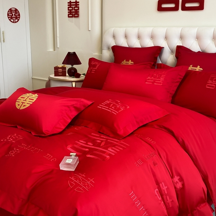91家纺网 家纺一手货源 找家纺 欧乐蒂 2025新款亲肤棉婚庆刺绣四件套-终版 家有喜事-红
