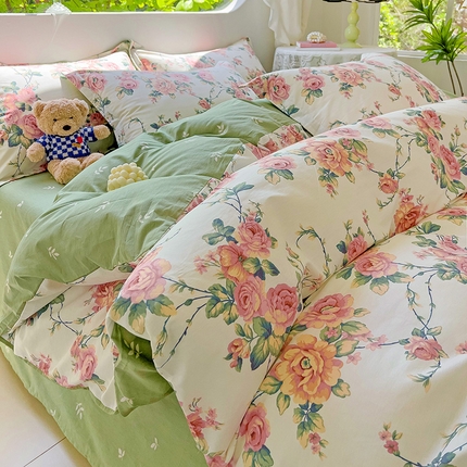 91家纺网 家纺一手货源 找家纺 优选 2025直播爆款全棉ins印花四件套纯棉三件套床单床笠 玫瑰花藤