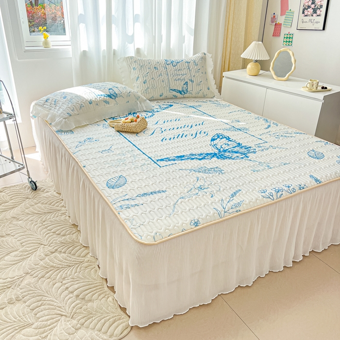 91家纺网 家纺一手货源 找家纺 慕澄家纺 2024新款大版印花床裙款乳胶凉席-凉席三件套 蝴蝶飞飞