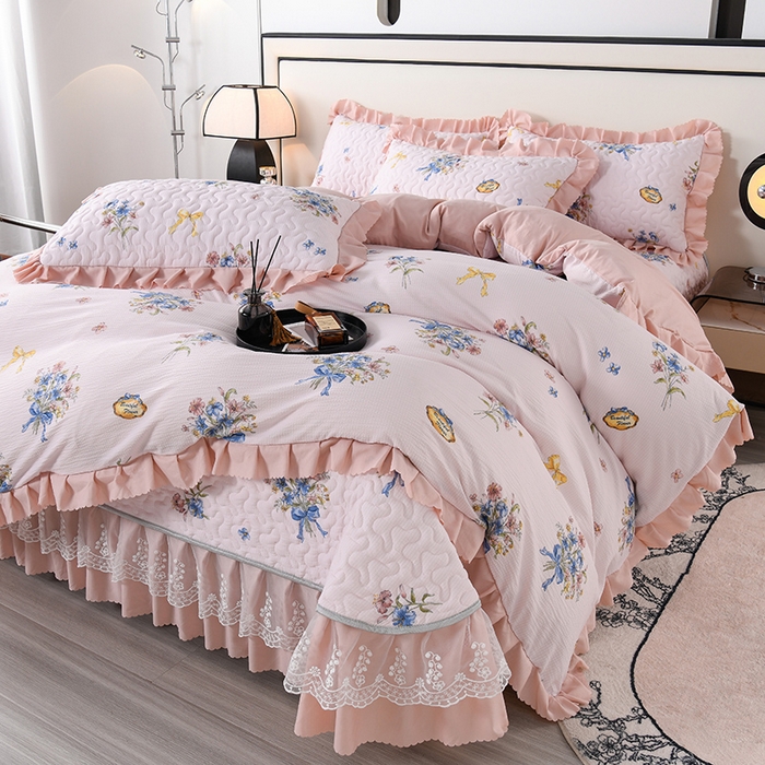 91家纺网 家纺一手货源 找家纺 艾裙海 2025新款云感双层纱床盖四件套 花团锦簇-玉