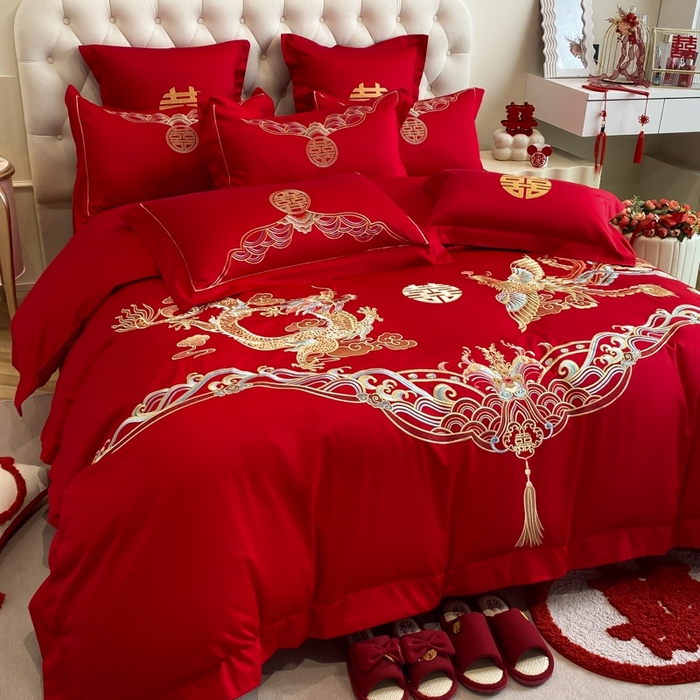 91家纺网 家纺一手货源 找家纺 欧乐蒂 2025新款亲肤棉婚庆刺绣四件套-终版 龙凤祥瑞