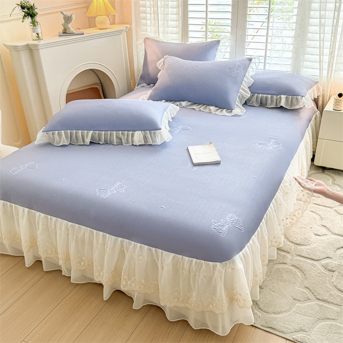 91家纺网 家纺一手货源 找家纺 启程家纺 2024新款A类凉豆豆床裙款凉席三件套 蝴蝶结-紫