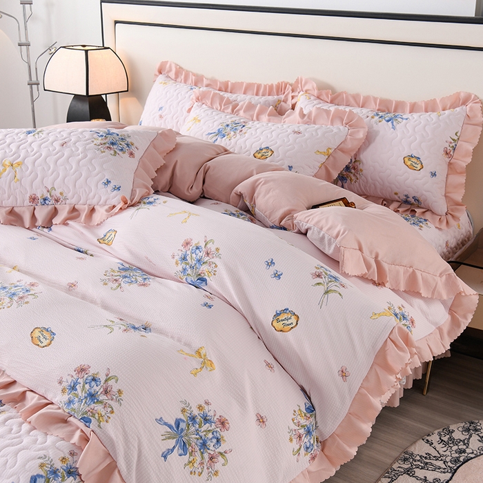 91家纺网 家纺一手货源 找家纺 艾裙海 2025新款云感双层纱床盖四件套 花团锦簇-玉