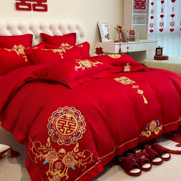 91家纺网 家纺一手货源 找家纺 欧乐蒂 2025新款亲肤棉婚庆刺绣四件套-终版 喜事连连