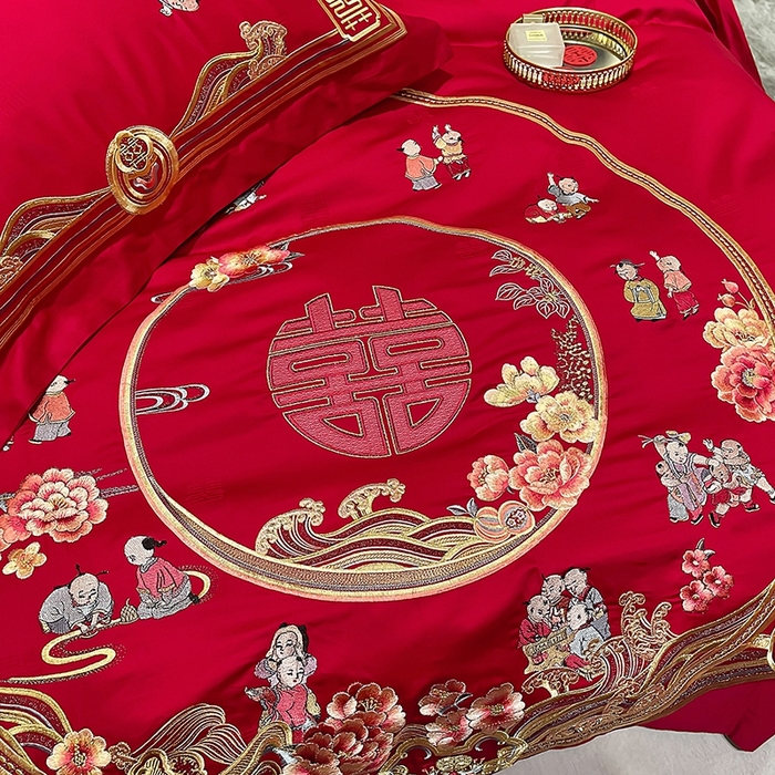 91家纺网 家纺一手货源 找家纺 卓缦家纺 2024新款全棉刺绣提花四件套 百子呈祥