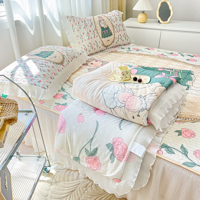 91家纺网 家纺一手货源 找家纺 慕澄家纺 2024新款大版印花乳胶凉席套件-夏被凉席四件套 秘密花园