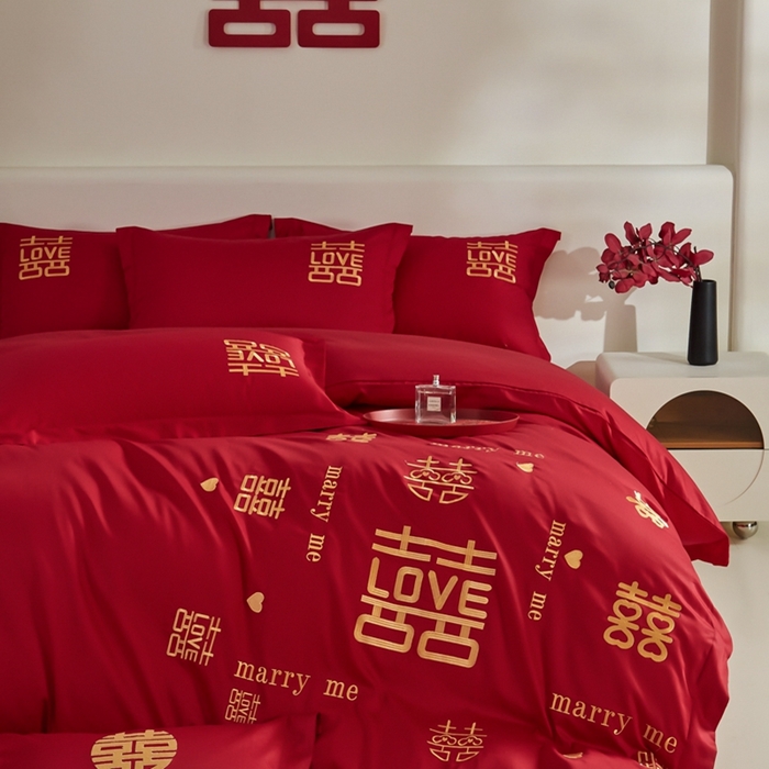 91家纺网 家纺一手货源 找家纺 欧乐蒂 2025新款亲肤棉婚庆刺绣四件套-家有喜事 家有喜事-金