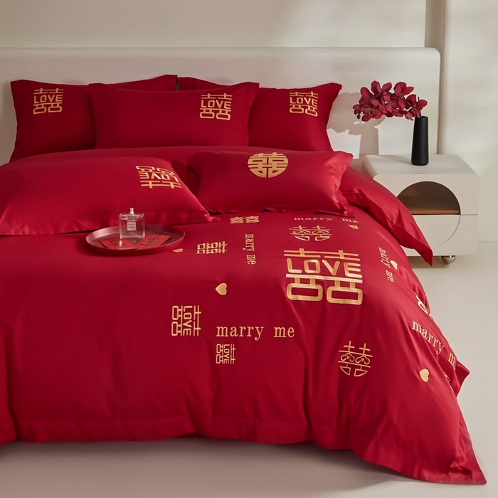 91家纺网 家纺一手货源 找家纺 欧乐蒂 2025新款亲肤棉婚庆刺绣四件套-家有喜事 家有喜事-金