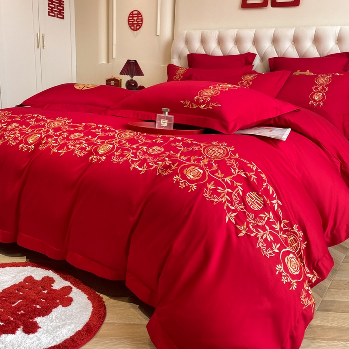 91家纺网 家纺一手货源 找家纺 欧乐蒂 2025新款设计师原创亲肤棉婚庆四件套 喜事连连