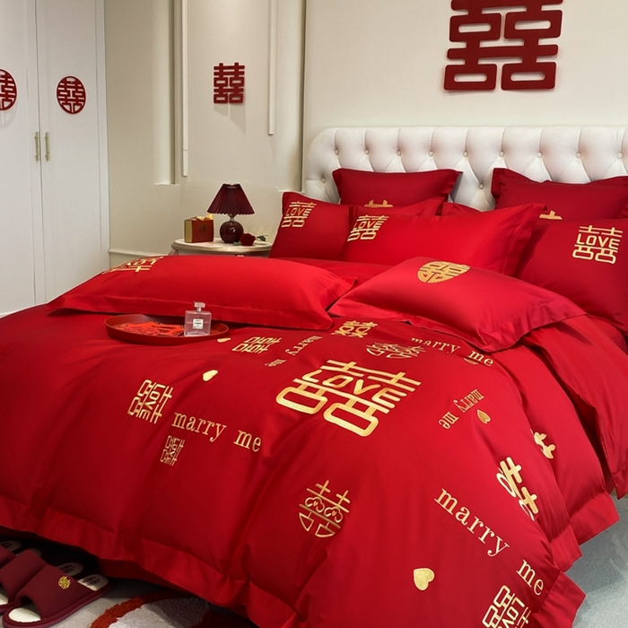 91家纺网 家纺一手货源 找家纺 欧乐蒂 2025新款亲肤棉婚庆刺绣四件套-终版 家有喜事-金