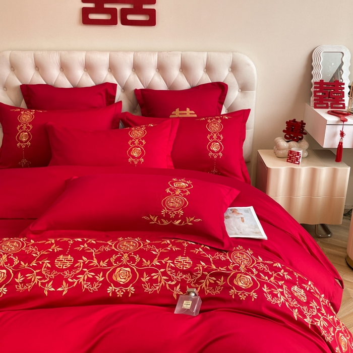 91家纺网 家纺一手货源 找家纺 欧乐蒂 2025新款设计师原创亲肤棉婚庆四件套 喜事连连