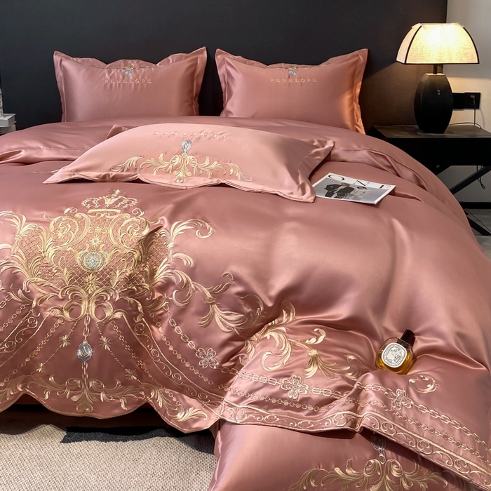 91家纺网 家纺一手货源 找家纺 欧乐蒂 2025新款欧式水洗贡缎全棉刺绣四件套-欧雅终版 玉色