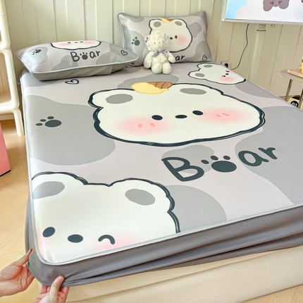 91家纺网 家纺一手货源 找家纺 柒月 2024新款大版印花碳光冰丝床笠 床笠-斑点熊灰