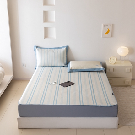 本希家居 2024新款小清新刺绣系列高端可水洗冰丝席 蓝条小汽车床笠