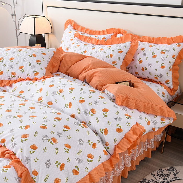 91家纺网 家纺一手货源 找家纺 艾裙海 2025新款云感双层纱床盖四件套 暖心花园