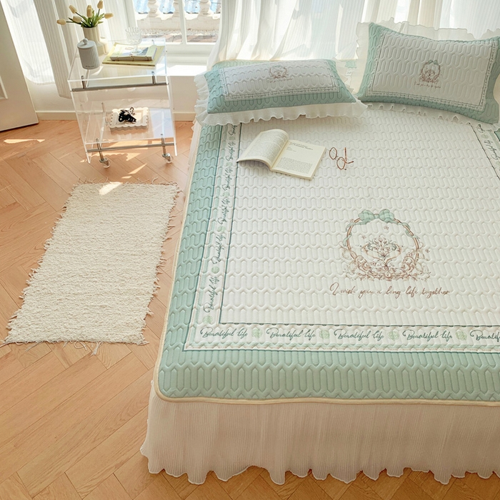 91家纺网 家纺一手货源 找家纺 慕澄家纺 2024新款大版印花床裙款乳胶凉席-凉席三件套 晚风