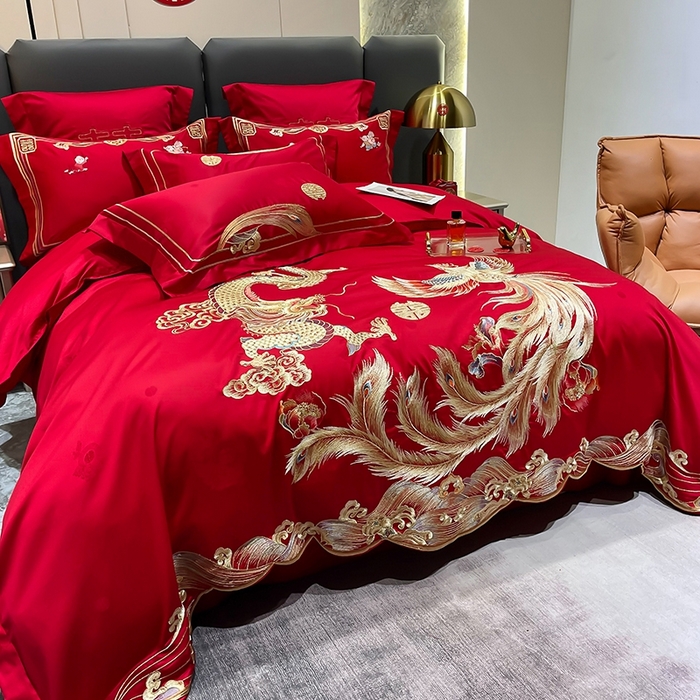 91家纺网 家纺一手货源 找家纺 卓缦家纺 2024新款全棉刺绣提花四件套 龙凤喜呈