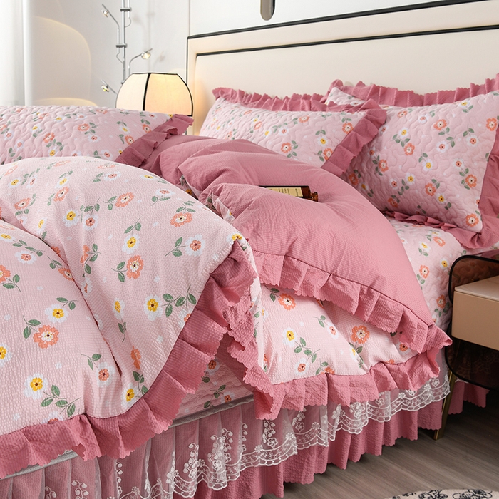 91家纺网 家纺一手货源 找家纺 艾裙海 2025新款云感双层纱床盖四件套 花香依然