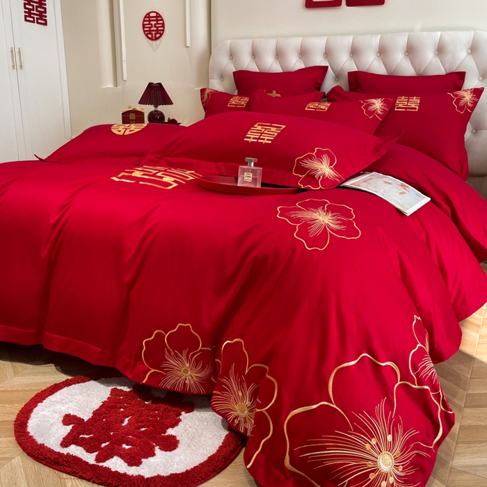 91家纺网 家纺一手货源 找家纺 欧乐蒂 2025新款设计师原创亲肤棉婚庆四件套 花开富贵