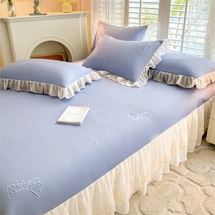 91家纺网 家纺一手货源 找家纺 启程家纺 2024新款A类凉豆豆床裙款凉席三件套 蝴蝶结-紫