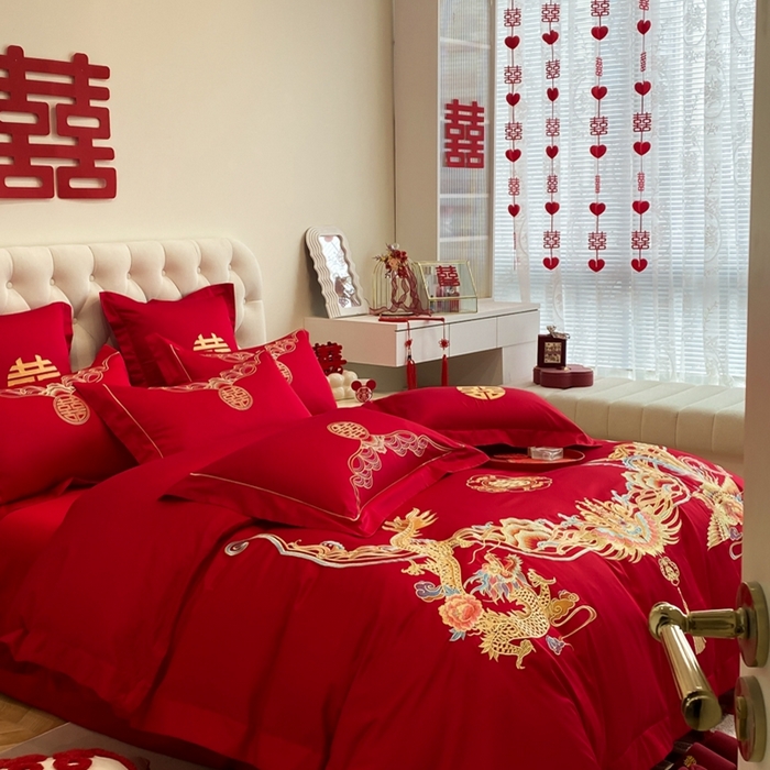91家纺网 家纺一手货源 找家纺 欧乐蒂 2025新款亲肤棉婚庆刺绣四件套-终版 龙凤和鸣