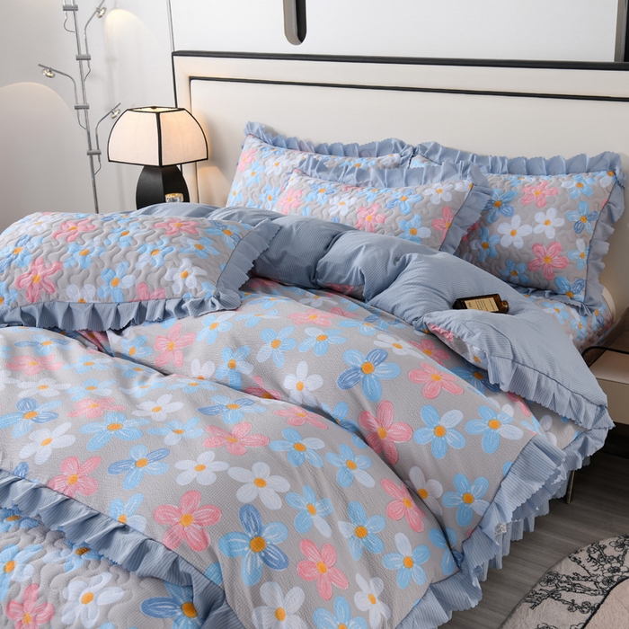 91家纺网 家纺一手货源 找家纺 艾裙海 2025新款云感双层纱床盖四件套 美丽花园