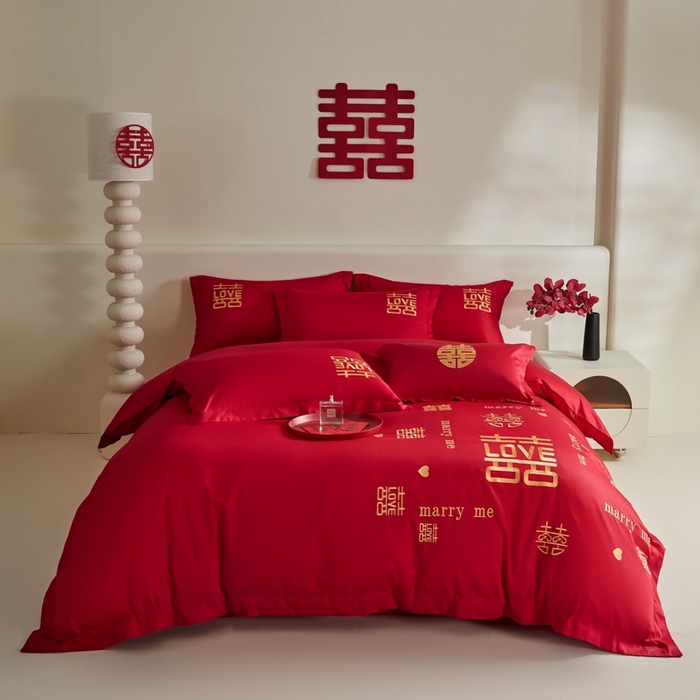 91家纺网 家纺一手货源 找家纺 （总）欧乐蒂 2025新款亲肤棉婚庆刺绣四件套-家有喜事