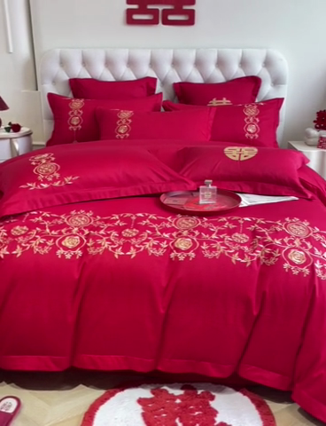 91家纺网 家纺一手货源 找家纺 欧乐蒂 2025新款设计师原创亲肤棉婚庆四件套 喜事连连