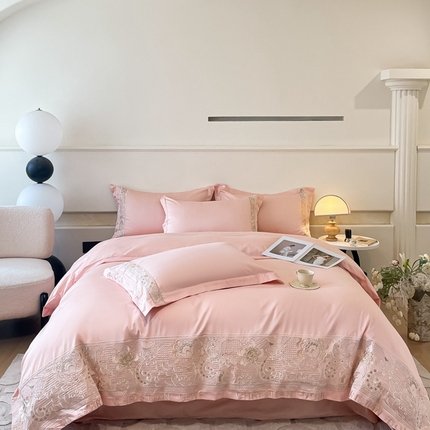 欧乐蒂 2025新款高支密长绒棉刺绣四件套-繁花-终版 繁花-温柔粉