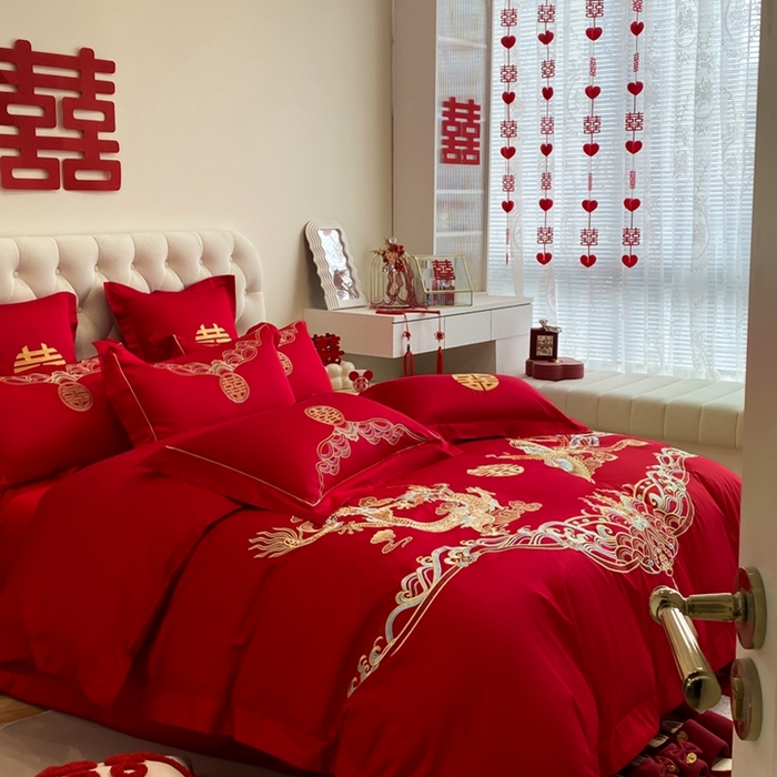 91家纺网 家纺一手货源 找家纺 欧乐蒂 2025新款亲肤棉婚庆刺绣四件套-终版 龙凤祥瑞