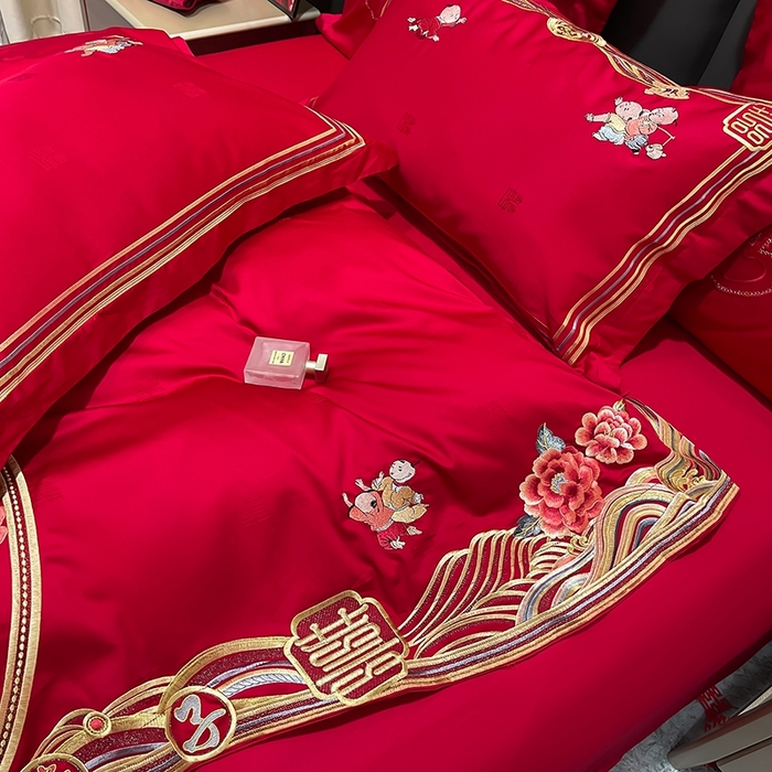 91家纺网 家纺一手货源 找家纺 卓缦家纺 2024新款全棉刺绣提花四件套 百子呈祥