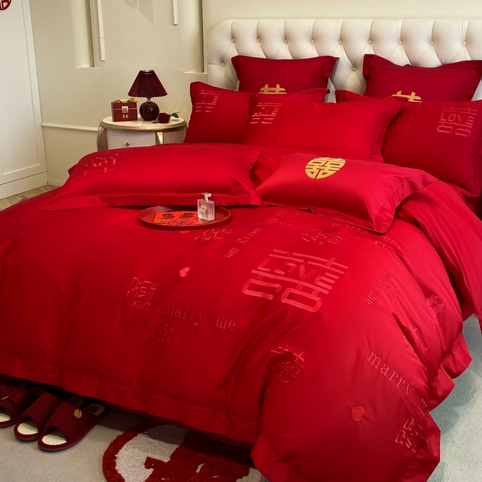 91家纺网 家纺一手货源 找家纺 欧乐蒂 2025新款亲肤棉婚庆刺绣四件套-终版 家有喜事-红